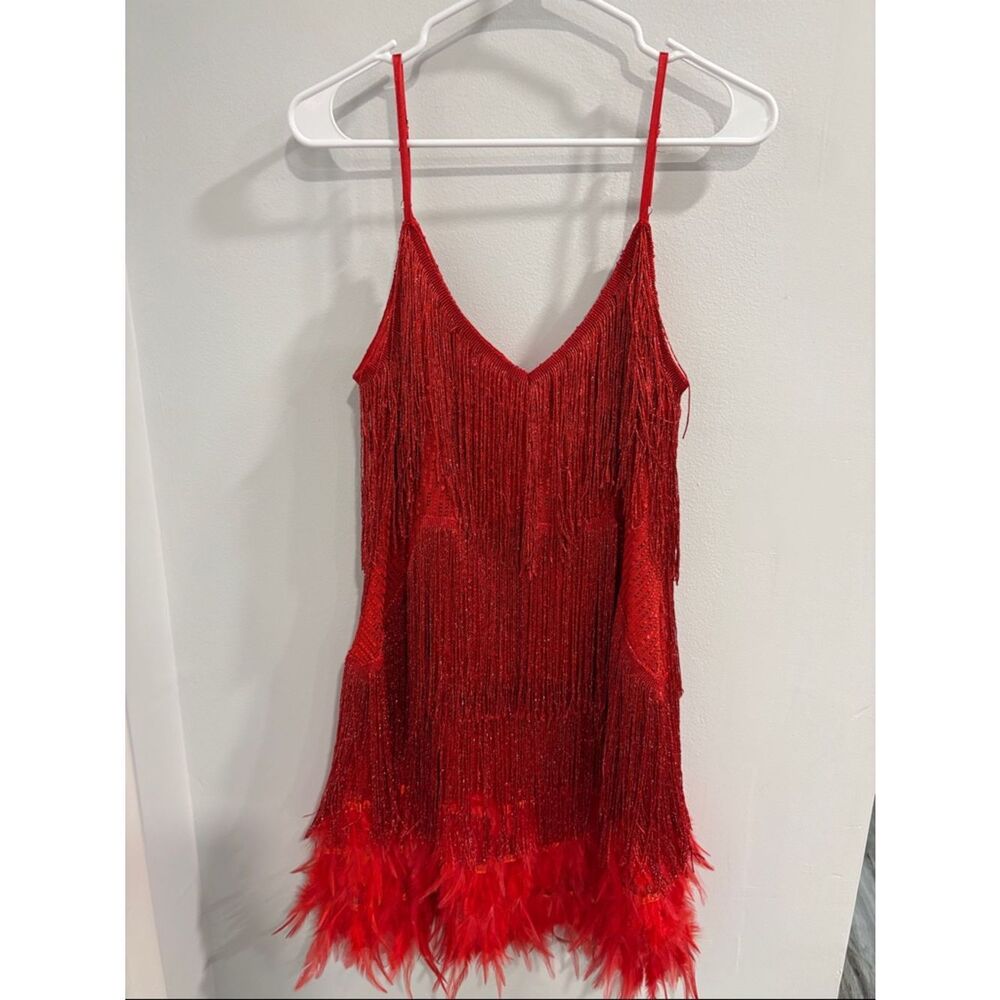 Red Fringe Feather Trim Hem Mini Dress - Gatsby 1920’s